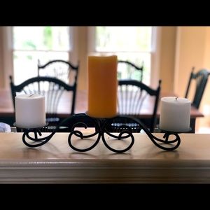 3 candle matte black candelabra with scroll design